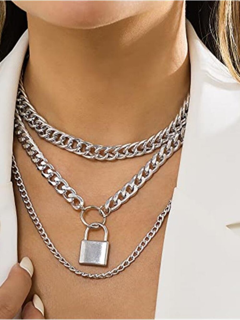 Silver Tone Chunky Cuban Link Layered Choker Necklace Punk